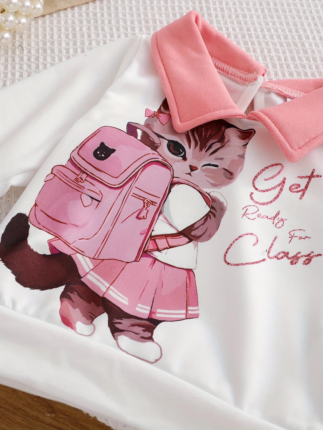 2pcs Cat Pattern Long Sleeve Polo Shirt And Pleated Skirt Set for Baby Girls Casual Comfortable Outfit for Autumn Winter
