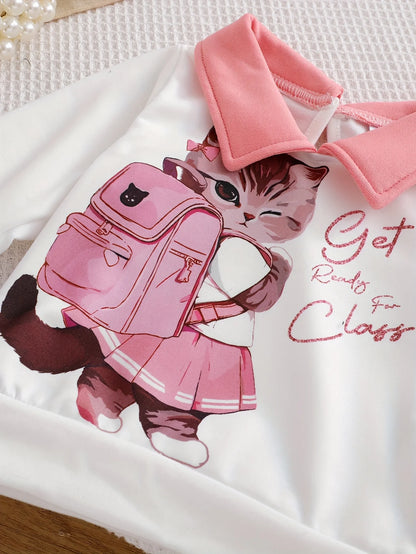 2pcs Cat Pattern Long Sleeve Polo Shirt And Pleated Skirt Set for Baby Girls Casual Comfortable Outfit for Autumn Winter