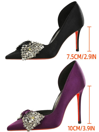 BIGTREE Shoes Rhinestone Bow Women Pumps Silks Satins High Heels Luxury Banquet Shoes Stiletto 7.5 cm 10 cm Sexy Party Shoes