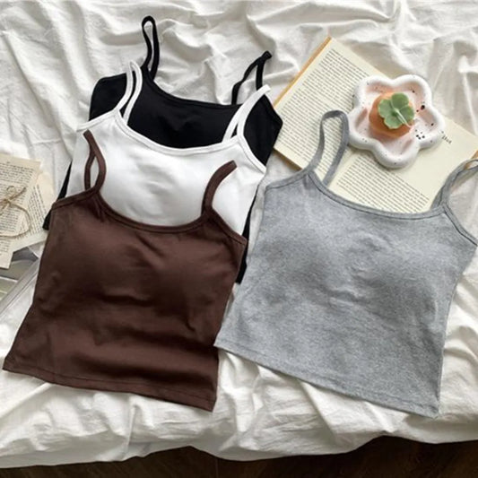 1PC Korean Women's Solid Color Spaghetti Straps Sleeveless Slim Camisole With Chest Pad