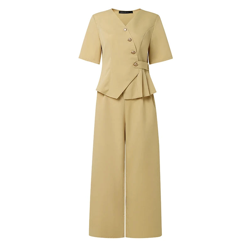 ZANZEA Summer 2 Pieces Sets Elegant V Neck Short Sleeve Blouse Pant Sets 2026 Stylish Women OL Work Outfit Solid Color Tracksuit