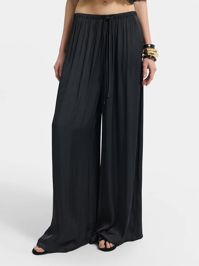 New Women High Waist Wide Leg Pants Spring Summer Draped Casual Trousers Drawstring Elastic Waist Loose Straight Leg Beach Pant