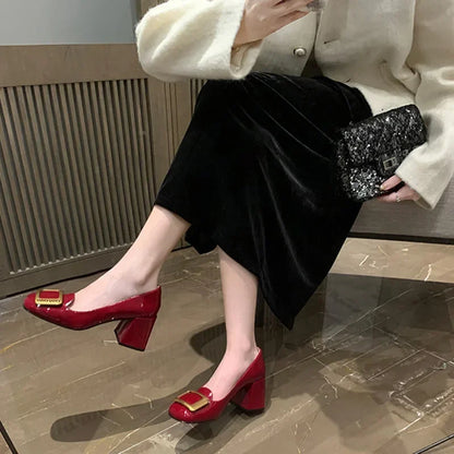 Women Pumps Fashion Square Heel Sexy High Heels Wedding Shoes Ladies Round Toe Metal Buckle Party Chunky Shoes Zapatillas Mujer