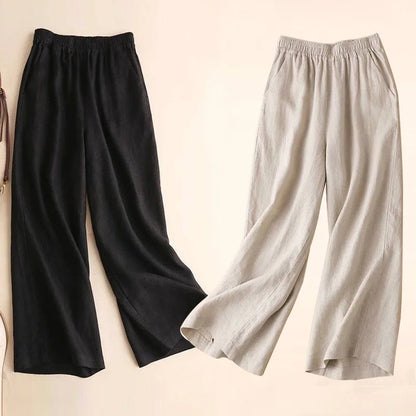 Women Cotton Linen Wide Leg Pants Female Summer Pants Full Length Casual Pants Fashion Solid Loose High Waist Straight Trousers