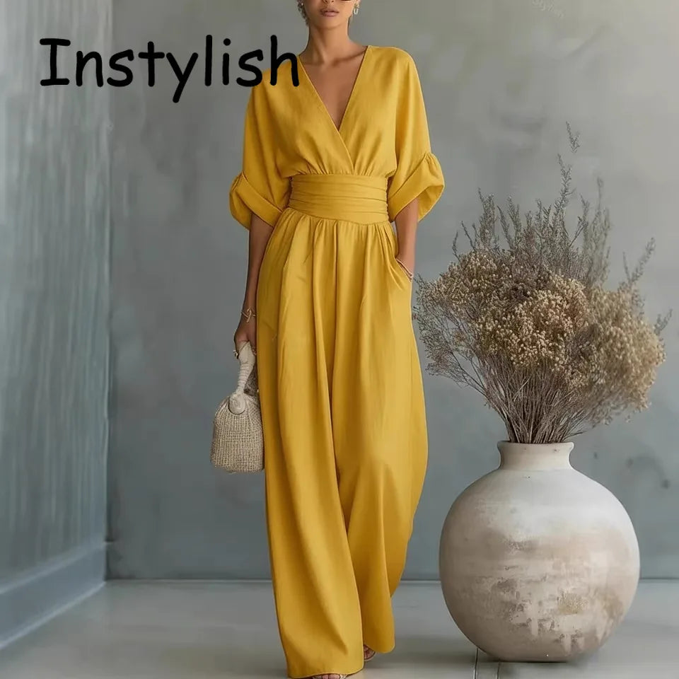 Women Elegant High Waist Jumpsuits Summer Short Sleeve Wide Leg Pants Romper Casual V Neck Solid Loose Jumpsuits Streetwear