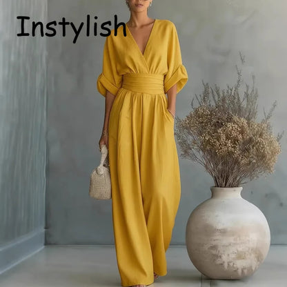 Women Elegant High Waist Jumpsuits Summer Short Sleeve Wide Leg Pants Romper Casual V Neck Solid Loose Jumpsuits Streetwear