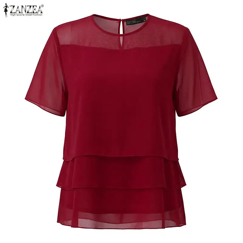 ZANZEA Women's Chiffon Sheer Blouses Elegant O-Neck Short Sleeve Layered Design Pullover Tops Classy Solid Color Blusas de Mujer