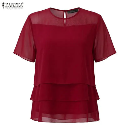 ZANZEA Women's Chiffon Sheer Blouses Elegant O-Neck Short Sleeve Layered Design Pullover Tops Classy Solid Color Blusas de Mujer