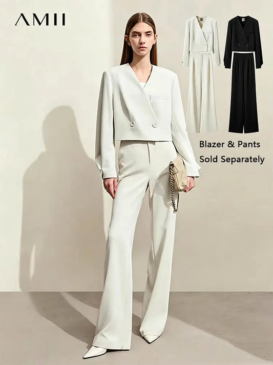 AMII Minimalism Women's Pants 2025 Autumn New Office Lady V-neck Loose Short Blazer Jacket Casual Solid Pants Separate 12441110
