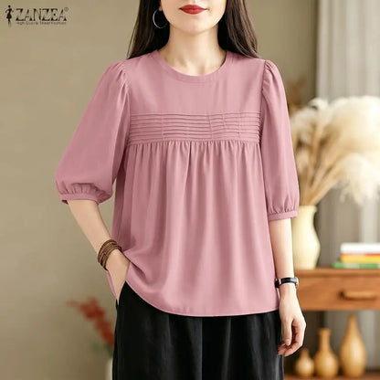 ZANZEA 2026 Summer Casual Pintuck Blouses Woman Round Neck Half Puff Sleeve Solid Color Tops Everyday Wear Comfort Blusas Mujer