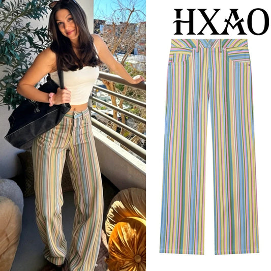 HXAO 2026 Jeans For Woman Rainbow Striped Baggy Jeans Pants Y2K Denim Wide Leg Pants Colorful Cowboy Summer Pants Streetwear
