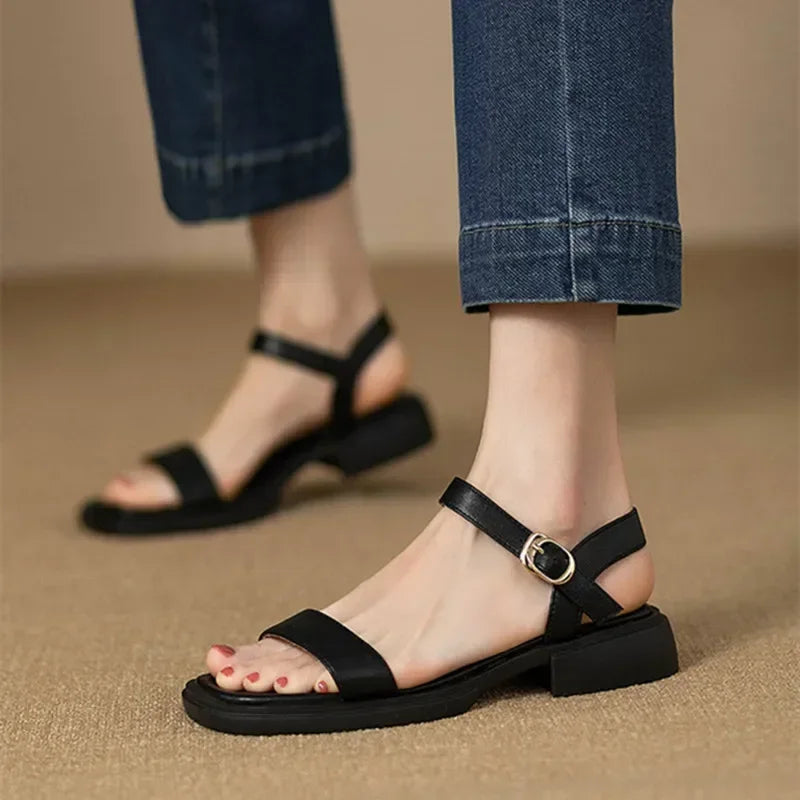 Summer Flat Sandals Women Ankle-Wrap Open Toe Square Low Heel Shoes Slingback Anti-slip Soft Sole Sandals Sandalias De Mujer