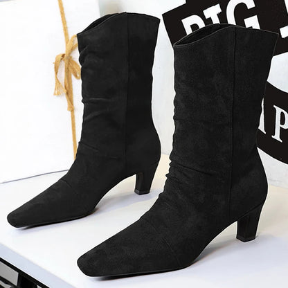 Retro Style Square Toe Western Cowboy Boots Women Shoes Suede Pleated Mid-Calf Boots Chunky Heel High Heel Boots Winter Shoes