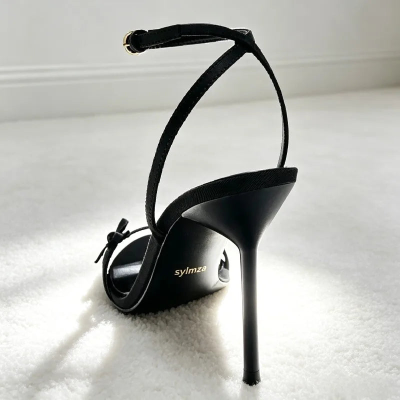 Black Bowknot Detail Satin Heeled Sandals for Women Fashion Ankle Strap Buckle Stiletto Designer Shoes Elegant Party Dress Shoes