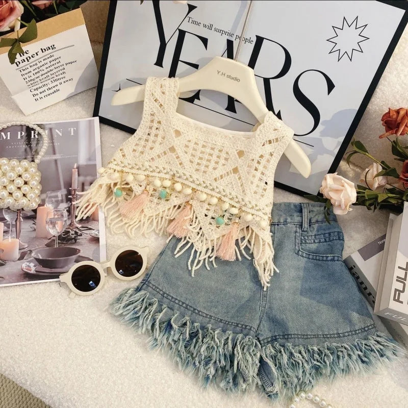 2025Girls' Summer New Hollow Vest Camisole Denim Shorts Three-Piece Set