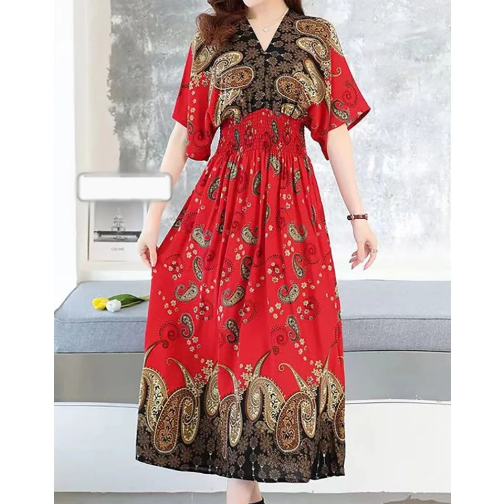 Casual Elegant Retro Bohemian National Style V-neck Elastic  Waist Large Swing Printed Summer Long Skirt Woman Dress Clothes
