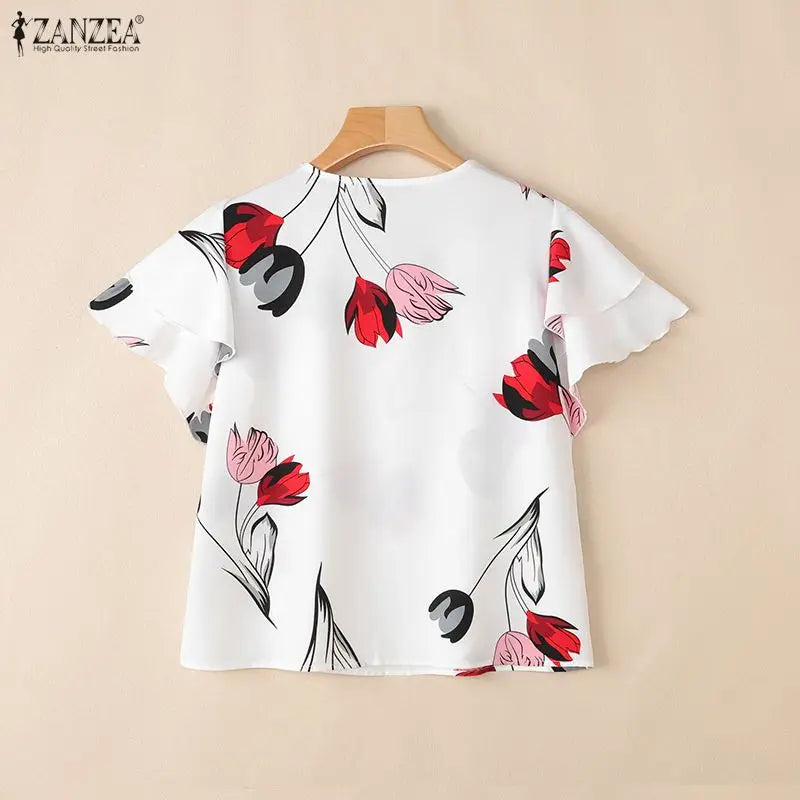 ZANZEA Woman Summer Floral Print Pullover Blouses Layered Ruffles Sleeves Keyhole O-Neck Blusas Mujer Daily Casual Dates Tops