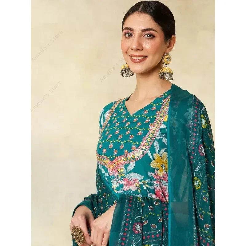 2025 New Indian Traditional Ethnic Embroidered Print 3-Piece Set Women's Outfit Green Cotton Mid-Long Kurta Daily Festival Wear