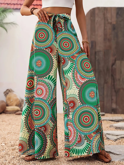 Women's Bohemian Style Printed Wide Leg Pants Casual Vacation Comfortable Elastic Waist Long Strapped Trousers