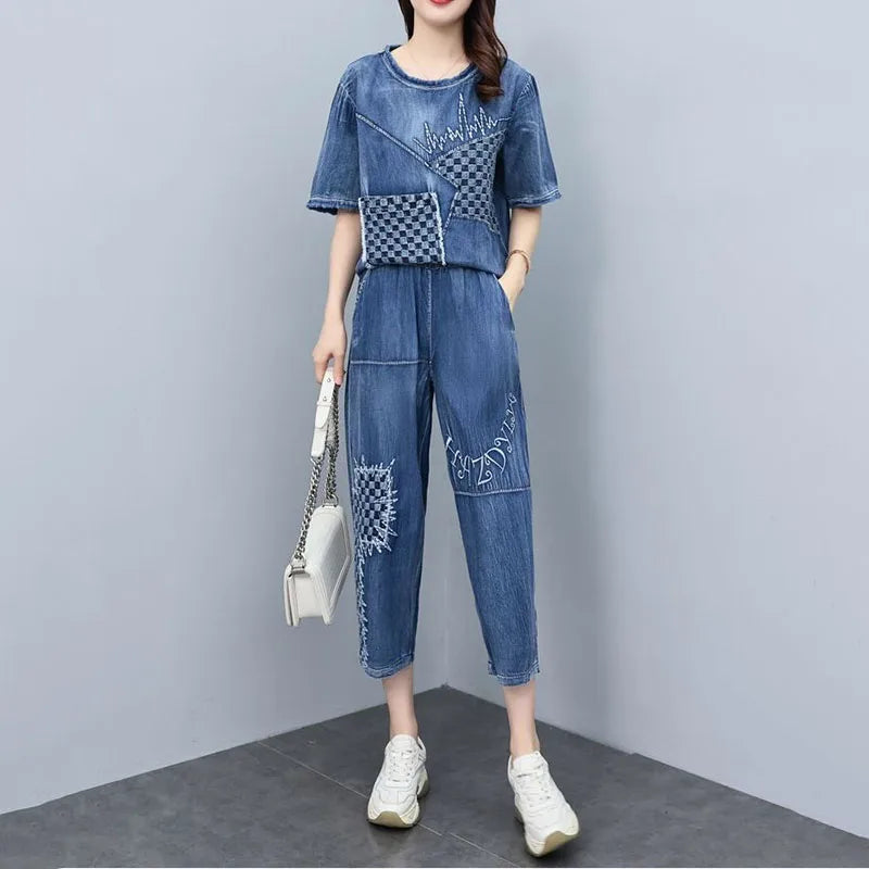 2026 Summer Women Embroidered Mosaic Lattice Denim Two-Piece Suit Fashion Sportswear Female Casual Loose 2 Piece Set Ladies