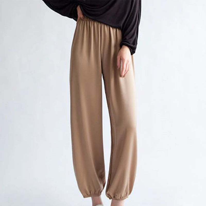 Summer Fashion Elastic Waist Loose Casual Ankle Length Satin Lantern Pants Women Solid Color All-match Trousers Female Clothes