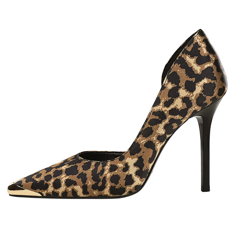 BIGTREE Shoes Leopard Print Women Pumps Silks Satins High Heels Metal Pointed Tip Women Heels 10.5 Cm Stiletto Sexy Party Shoes