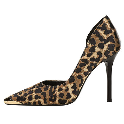 BIGTREE Shoes Leopard Print Women Pumps Silks Satins High Heels Metal Pointed Tip Women Heels 10.5 Cm Stiletto Sexy Party Shoes
