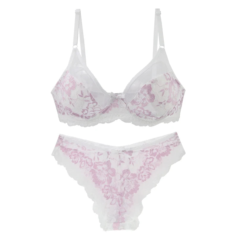 Ultra-Thin Thick Bra Sets 34/75 36/80 38/85 40/90 42/95 44/100 46/105 BCDE Cup Underwear Transparent Embroidery Lace Lingerie