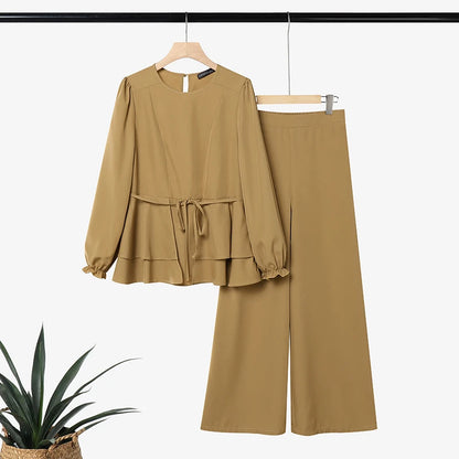 ZANZEA Women Muslim 2 Piece Sets Summer O Neck Long Sleeve Ruffled Hem Blouse Wid Leg Pants Sets Ramadan Outfits Hijab Tracksuit