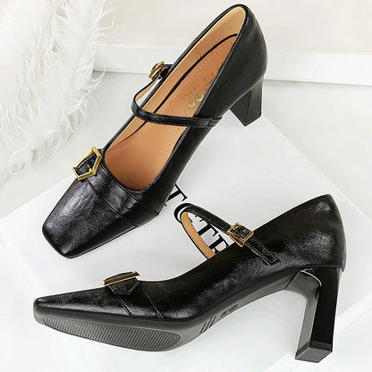 BIGTREE Shoes Metal Belt Buckle Women Pumps Square Head High Heels Thick Heeled Shoes With Women Heels 7 CM Retro Ladies Pumps