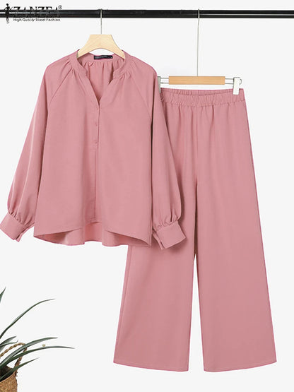 ZANZEA Spring Autumn 2PCS Outfits Women Solid Matching Sets Elegant Long Sleeve Blouse Pant Sets Casual Work OL Tracksuits 2025