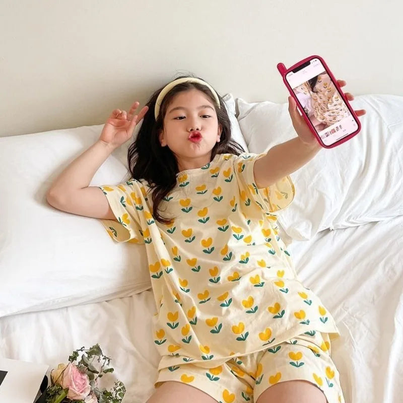 Girls Summer Cooling Lightweight Two-Piece Pajamas Set Short Sleeve Shorts Homewear