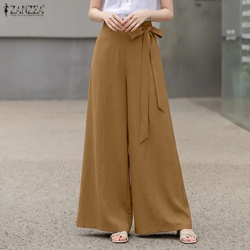 Women Plus Size 5XL Wide Leg Pants High Waist Belted Loose Flowy Trousers ZANZEA Autumn Office Work Solid Casual Palazzo Pants