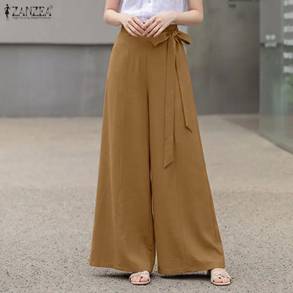 Women Plus Size 5XL Wide Leg Pants High Waist Belted Loose Flowy Trousers ZANZEA Autumn Office Work Solid Casual Palazzo Pants