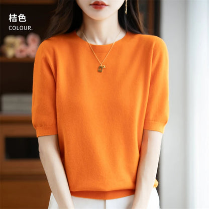 Autumn Women 100% Merino Wool Sweater O-Neck Cashmere Pullover Basic Fashion Short Sleeve Clothing Comfort Top Casual Solid