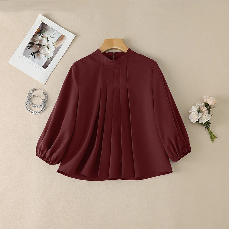 ZANZEA Women 3/4 Lantern Sleeve Blouses Summer Stand Collar Pleated Detailing Solid Color Tops Spring Commute Work Blusas Mujer