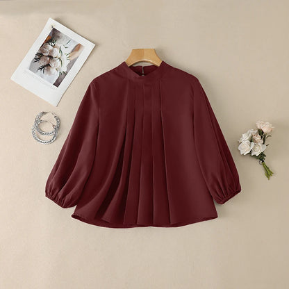 ZANZEA Women 3/4 Lantern Sleeve Blouses Summer Stand Collar Pleated Detailing Solid Color Tops Spring Commute Work Blusas Mujer