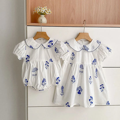 Summer New Style 2-6Y Girl Dress Short Sleeve Baby Clothes Children's Dress Korean Embroidered Girls Retro Sister Dress