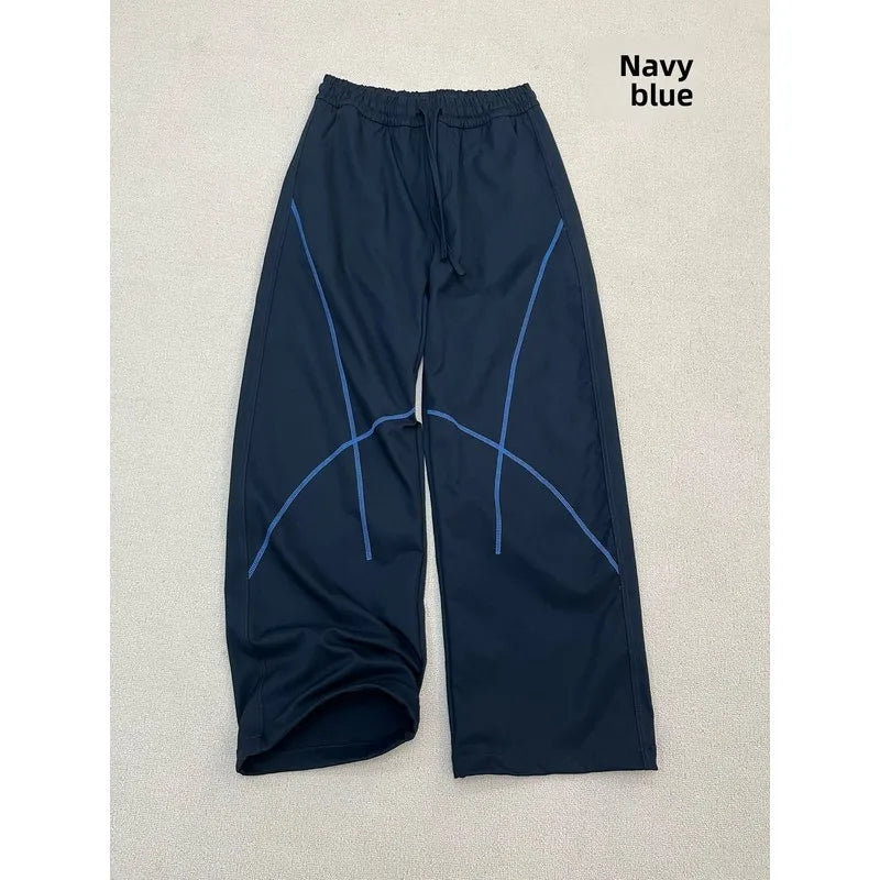 QICHE Women Contrast Stitch Curved Pants Loose Outdoor Casual Sports Long Trousers