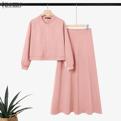 ZANZEA 2026 Spring Outfits Long Sleeve Blouse Skirt Suit Fashion Women 2 Pieces Sets Zipper Coats Maxi Dress Muslim Matching Set
