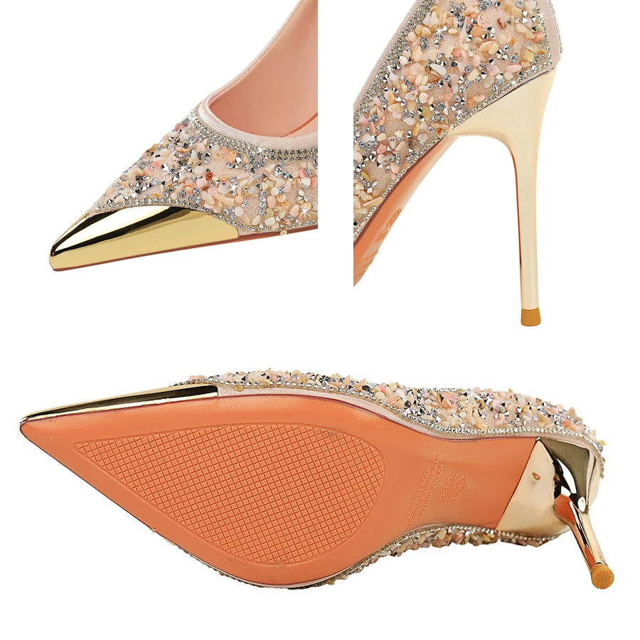 BIGTREE Shoes Rhinestone Shoe Upper Women Pumps Stiletto Heels 9.5 Cm Metal Pointed Tip High Heels Luxury Crystal Pumps Lady