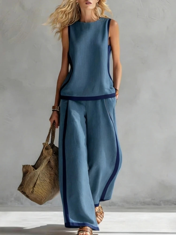 Fashion Retro Printed Sleeveless Tops Trousers 2-piece Set Women's Summer Casual Vest Loose Wide Leg Trousers Female Suit Pocket