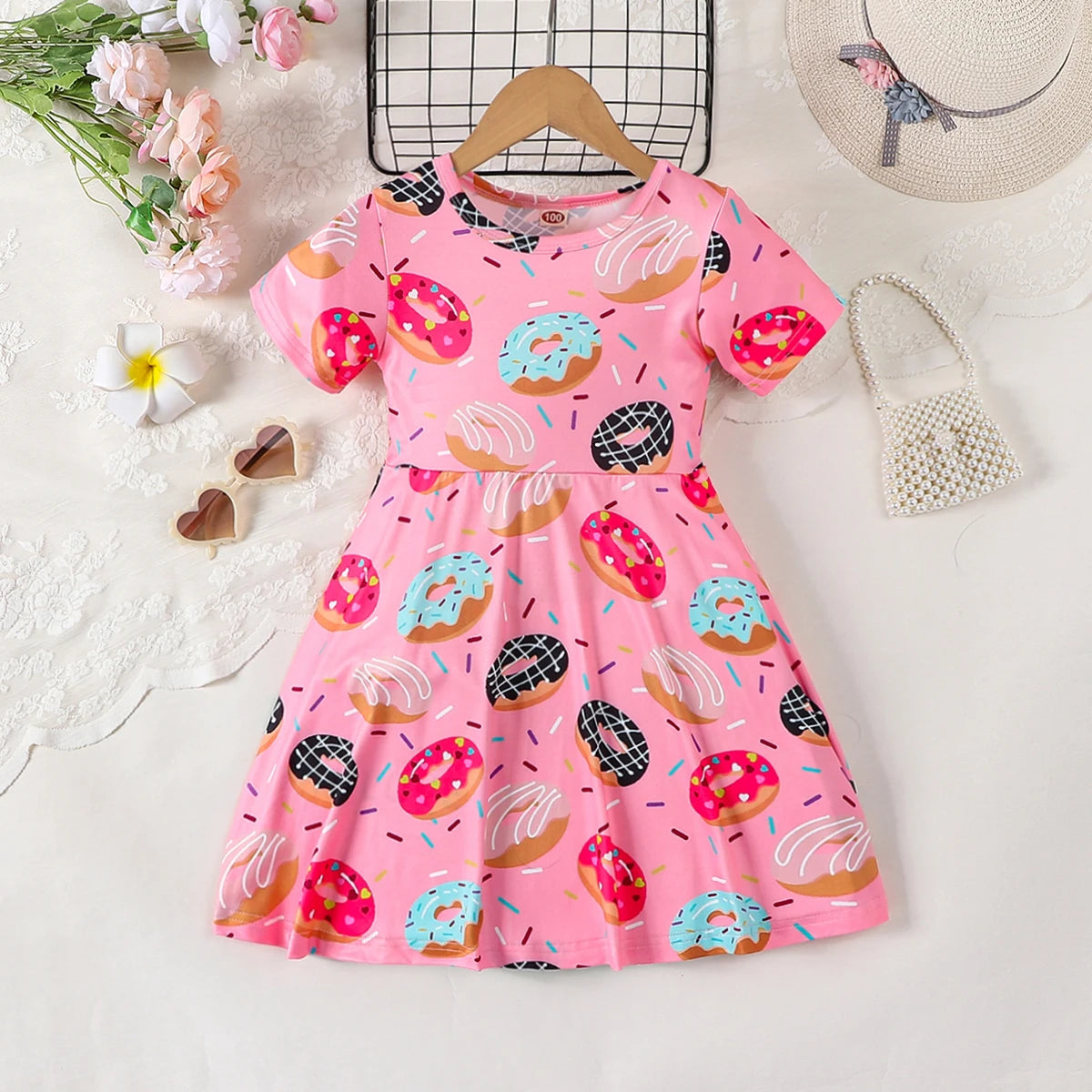 Pink Donut Print round Neck Short Sleeve Dress for Girls Cute Full Print Girl's Dress