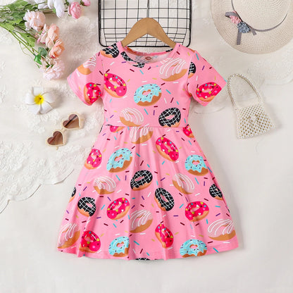 Pink Donut Print round Neck Short Sleeve Dress for Girls Cute Full Print Girl's Dress