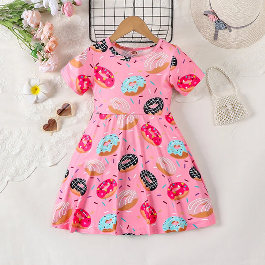 Pink Donut Print round Neck Short Sleeve Dress for Girls Cute Full Print Girl's Dress