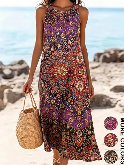 2026 Women's Sleeveless Bohemian Floral Casual Beach MIDI Sundress With Pockets Flowing and Loose Sweetheart Rustic Country