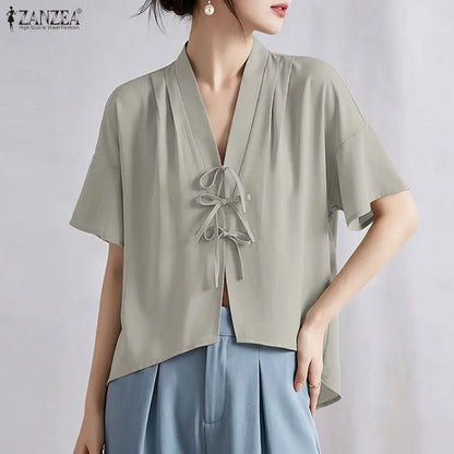ZANZEA Vintage Kimono Blouses Woman V-Neck Short Sleeve Bow Details High-Low Pullover Tops Casual Day Wear Loose Blusas Mujer
