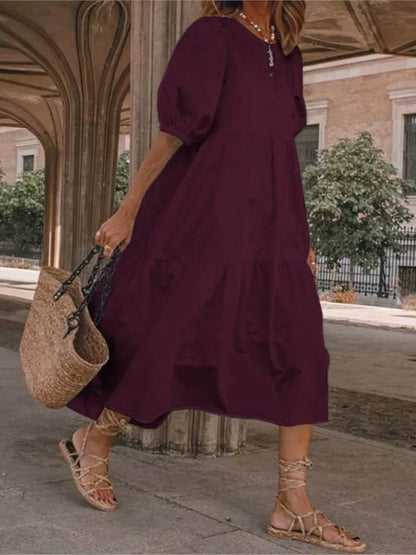 Summer New Solid Color Short Sleeved Loose For Women's Dresses Fashion Casual Patchwork Retro Beach Holiday Maxi Female Sundress