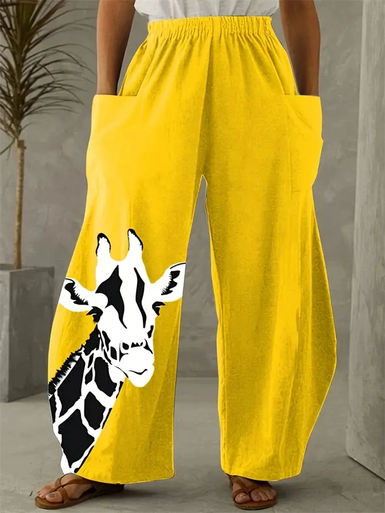 Women's Large Size Cartoon Cat Loose Wide-legged Pants Fall And Winter Casual Elastic Waist Pants Home Large Size Women Clothing