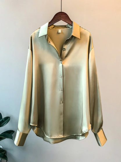 Gadinus Women Solid Color Long Sleeve Button Up Shirt Loose Fit Curved Hem Casual Blouse Top